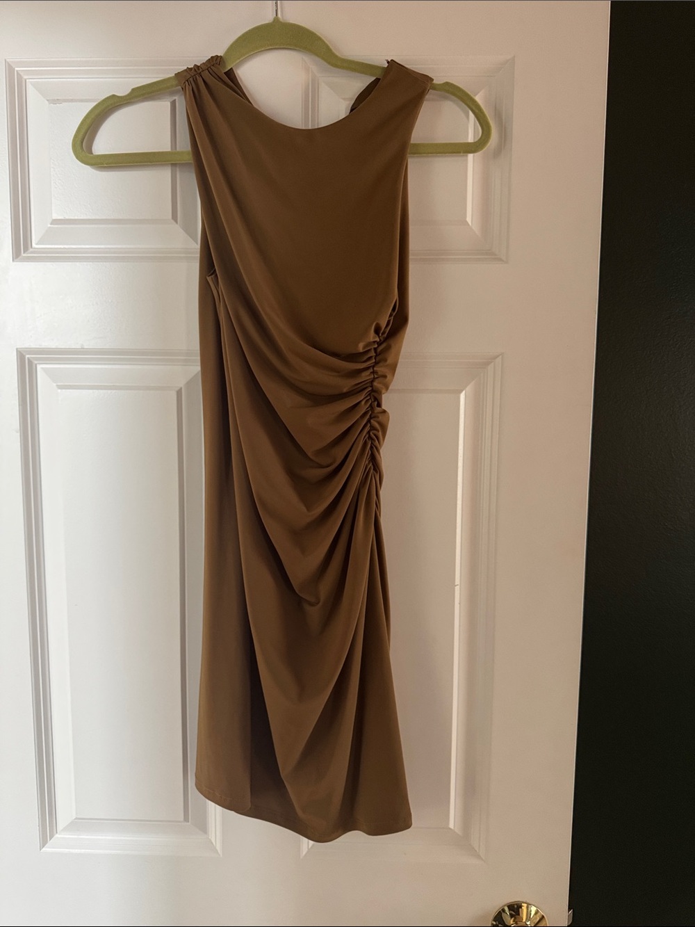 Zara Sleeveless Ruched Mini Dress in Brown